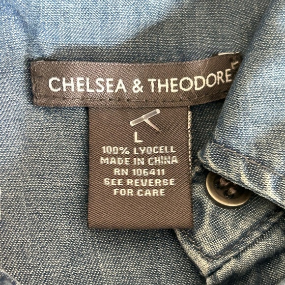 CHELSEA & THEODORE Chambray Denim Utility Button-top Tie Waist Romper Size L - Picture 8 of 11